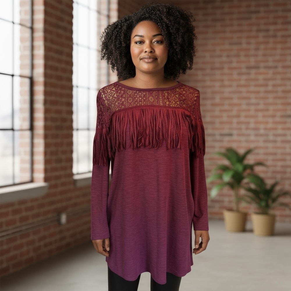 Entro Sweater Dress with Lace and Fringe Bodice Burgundy Two Pockets Size L‌‌‍‍‍